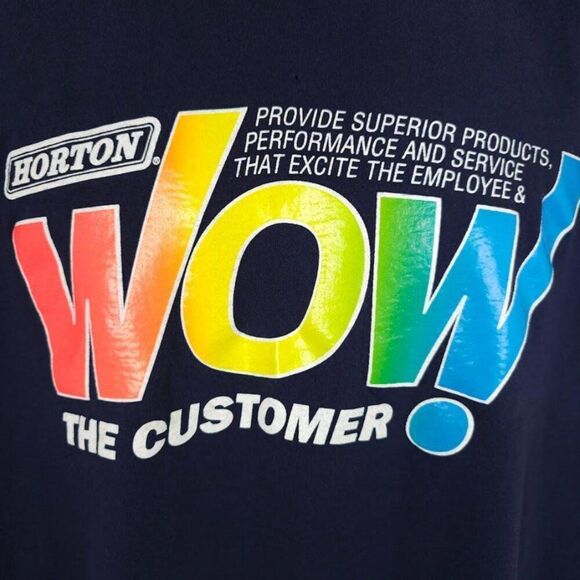 Vintage Horton T Shirt Mens Size 2XL Blue 90s Wow The Customer Made In USA - Picture 2 of 7